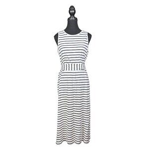 Banana Republic Black and White Striped Midi Dress – Soft Stretch, Tie Waist